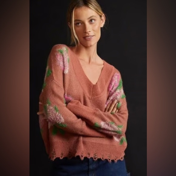 Anthropologie Floral Distressed Drop Shoulder V-Neck Sweater size extra large - Picture 3 of 14